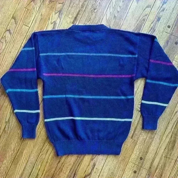 Vintage Eddie Bauer navy blue striped crewneck knit sweater size Large - Picture 4 of 5